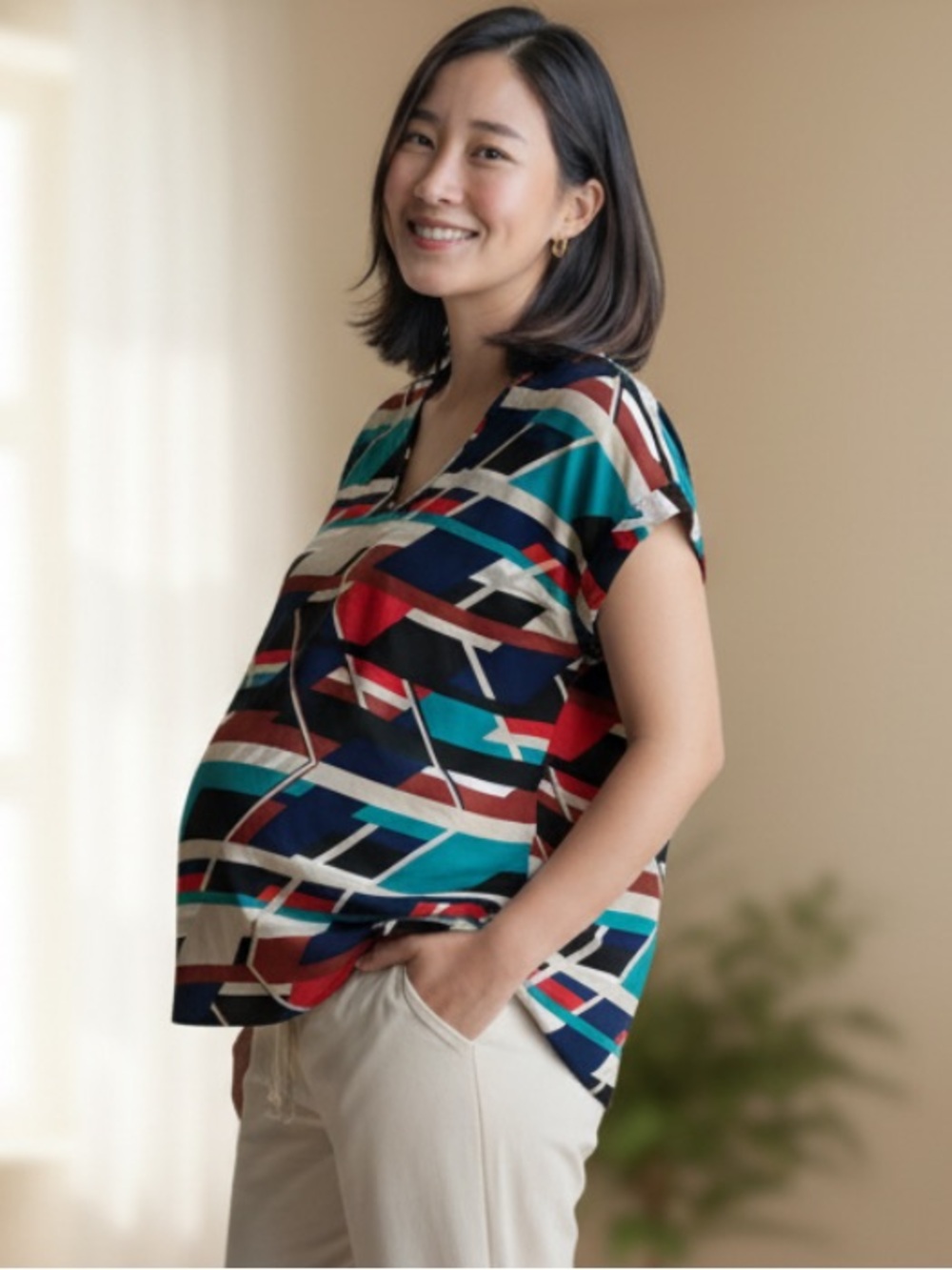 Motherhood Maternity Abstract Geo V-Neck Top in Teal, Navy, Red, Cream, Black